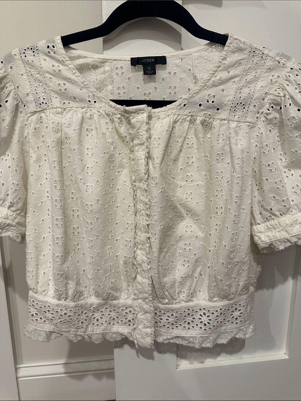 J. Crew White Eyelet Button-Front Cropped Blouse
